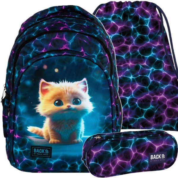 PLECAK KOTEK KOMPLET 3 elem. BACKUP SZKOLNY MŁODZIEŻOWY CATS 3 WZORY