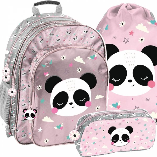 PLECAK SZKOLNY MIŚ PANDA DLA DZIEWCZYNEK DO 1 KLASY KOMPLET 3el z PANDĄ