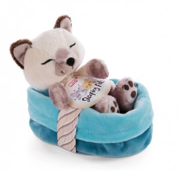 NICI 47893 Maskotka śpiący kotek syjamski 12cm w koszyku niebiesko-turkusowym