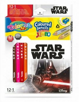 Kredki ołówkowe trójkątne JUMBO 12 sztuk 13 kolorów + temperówka Colorino Kids Star Wars