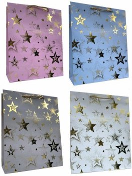 Torebka ozdobna prezentowa uniwersalna mix kol. w złote gwiazdki JP 370A 30x41,5x13cm mix cena za 1 szt