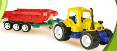 Traktor żółto-niebieski z czerwoną przyczepą LESZKO
