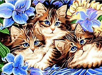 Diamentowa mozaika Trzy koty w fioletowych kwiatach 30x40cm 1008303