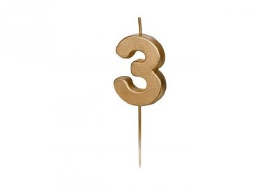 PARTYDECO Świeczka urodz.Cyferka 3 4,5cm złoty 32323