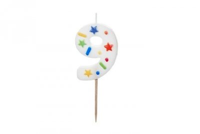 PARTYDECO Świeczka urodz.Cyfra 9 biała konfetti 5,5cm 40298
