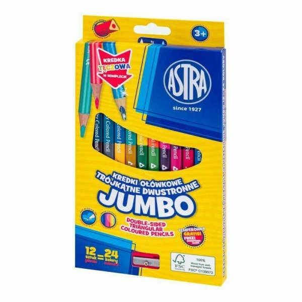 Kredki ołówkowe dwustronne jumbo ASTRA - 12=24 kolory z temperówką, tęczowa kredka dwustronna w komplecie 312023909