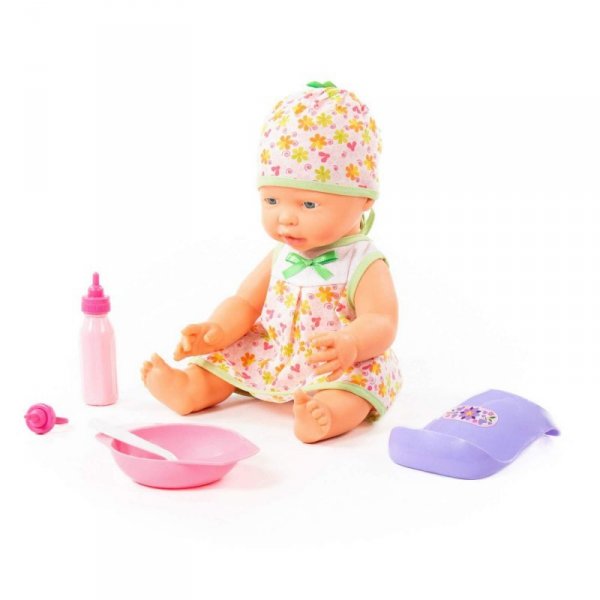 Polesie 78377 Lalka wesoły Bobas 35cm ze smoczkiem + zestaw do karmienia 4-elementy, pudełko
