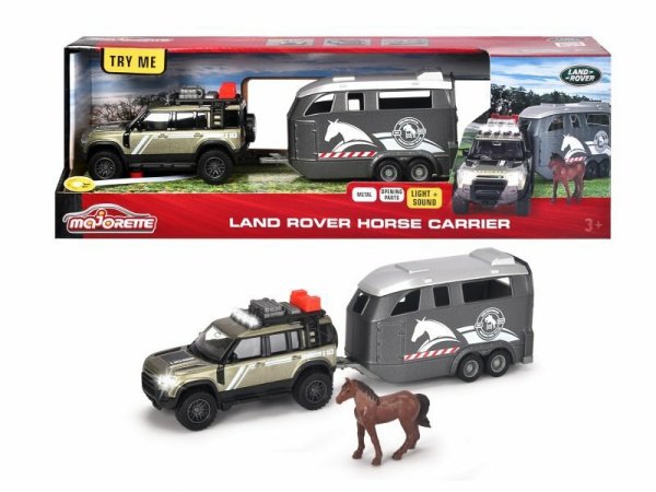 PROMO Majorette Grand Land Rover zestaw dżokeja terenówka z przyczepą i koniem 25cm