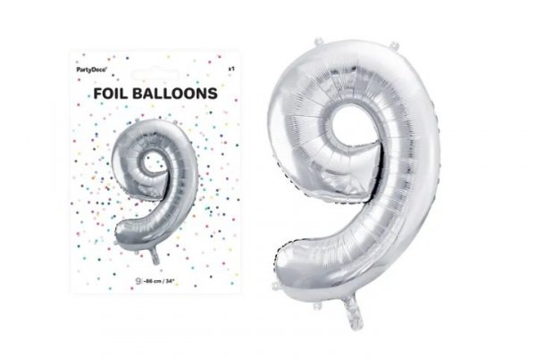 PARTYDECO Balon foliowy Cyfra 9 86cm srebrny 36092