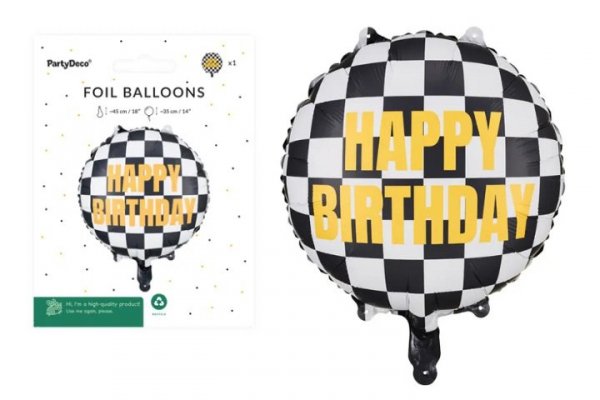 PARTYDECO Balon foliowy SzachownicaHappyB-day 45cm mix 26858