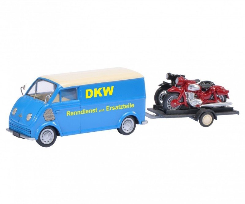 SCHUCO DKW SCHNELLLASTER &quot;DKW&quot; WITH BIKE TRAILER AND DKW RT 125, DKW RT 350 SKALA 1:43