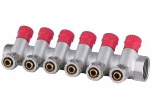 ROZDZIELACZ PEX 1” x16mm 6 OBWODÓW SEKCJE CWU DO WODY CIEPŁEJ MONO MOSIĘŻNY