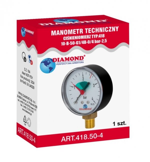 MANOMETR 0-4 BAR PIONOWY CIŚNIENIOMIERZ TARCZOWY RADIALNY 1/4&quot; CALA