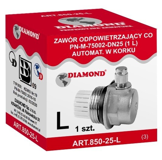 ODPOWIETRZNIK AUTOMATYCZNY LEWY ZAWÓR ODPOWIETRZAJĄCY Ø 1" DO GRZEJNIKA ART.850-25-L