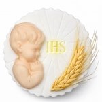 Dekoracja cukrowa na tort komunijny - HOSTIA Z KŁOSEM chłopiec 10cm (16 szt)