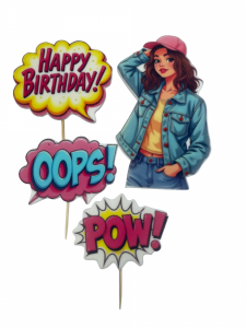 Dekoracje cukrowe na tort KOMIKS HD – toppery girl & napisy – 4 szt.