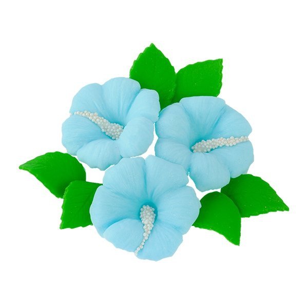 Zestaw cukrowe kwiaty HIBISKUS z listkami NIEBIESKI