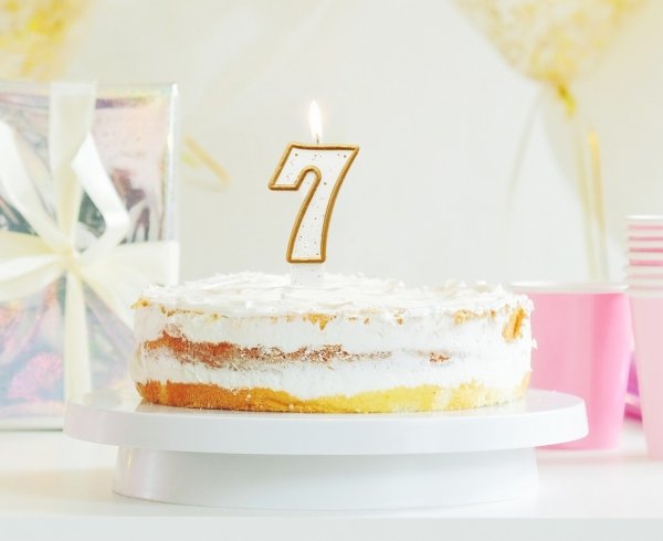Świeczka urodzinowa na tort brokatowa ZŁOTA CYFRA 7