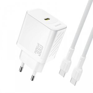 Ładowarka sieciowa USB-C z kablem USB-C GaN PD 30W - biała