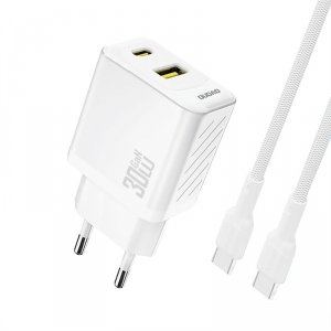 Ładowarka sieciowa USB-A USB-C z kablem USB-C GaN PD 30W - biała