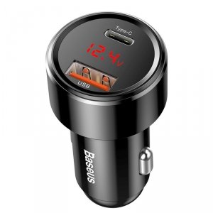 Ładowarka samochodowa z wyświetlaczem USB-A USB-C 45 W - czarna