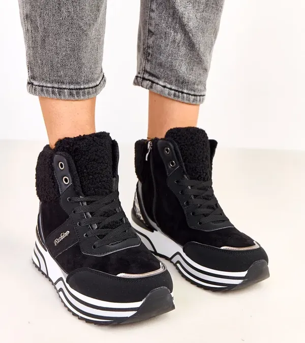 Czarne sneakersy wysokie ocieplane z kożuszkiem Mirasen