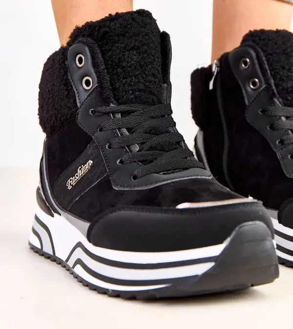 Czarne sneakersy wysokie ocieplane z kożuszkiem Mirasen