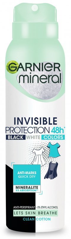GARNIER Mineral Dezodorant spray Invisible Protection 48h Clean Cotton- Black,White,Colors   150 ml