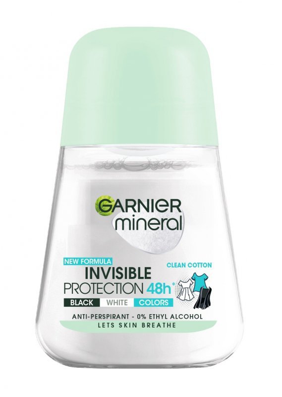 GARNIER Mineral Dezodorant roll-on Invisible Protection 48h Clean Cotton- Black,White,Colors   50 ml