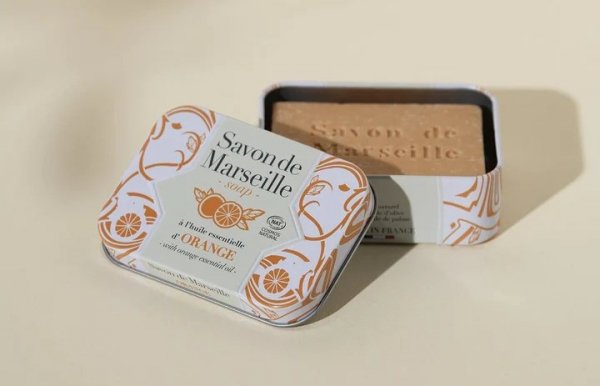 Orange Soap Bar in Metal Box, Alepia, 100 g