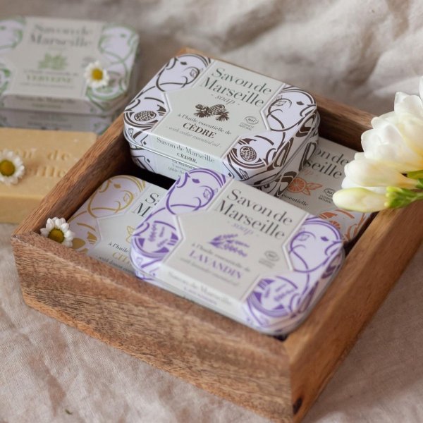Lavender Marseille Soap Bar in Metal Box, Alepia, 100 g
