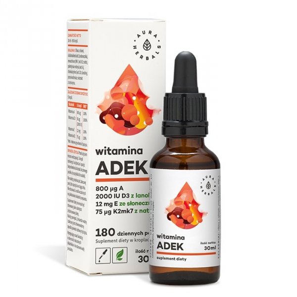 Witamina A + D3 (2000IU) + E + K2mk7 (ADEK), Krople, Aura Herbals, 30ml