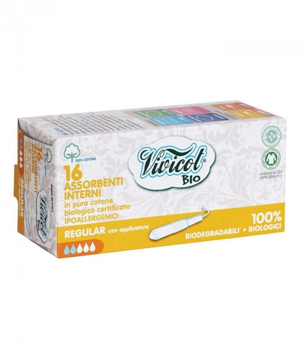 Tampony higieniczne REGULAR z aplikatorem, z organicznej bawełny, niebielone chlorem, Vivicot BIO, 16 sztuk