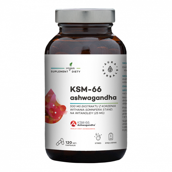 Ashwagandha KSM-66 Korzeń 500 mg, Aura Herbals, 120 kapsułek