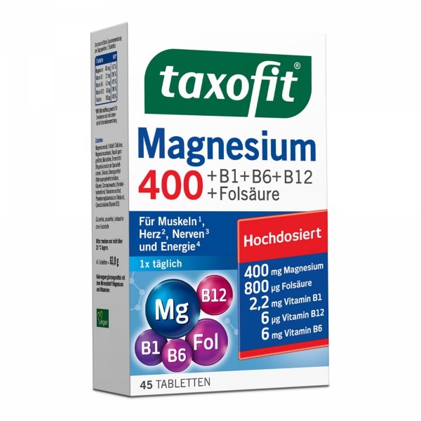 Magnez 400+B1+B6+B12+Kwas foliowy TAXOFIT, 45 tabletek