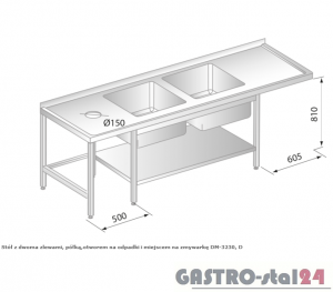 Stół z dwoma zlewami, półką, otworem na odpadki i miejscem na zmywarkę DM 3230 szerokość: 700 mm (2300x700x850)