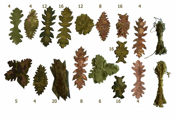 Zestaw 155 liści kształtek do wypełnień ghillie jesień +rafia -LATO