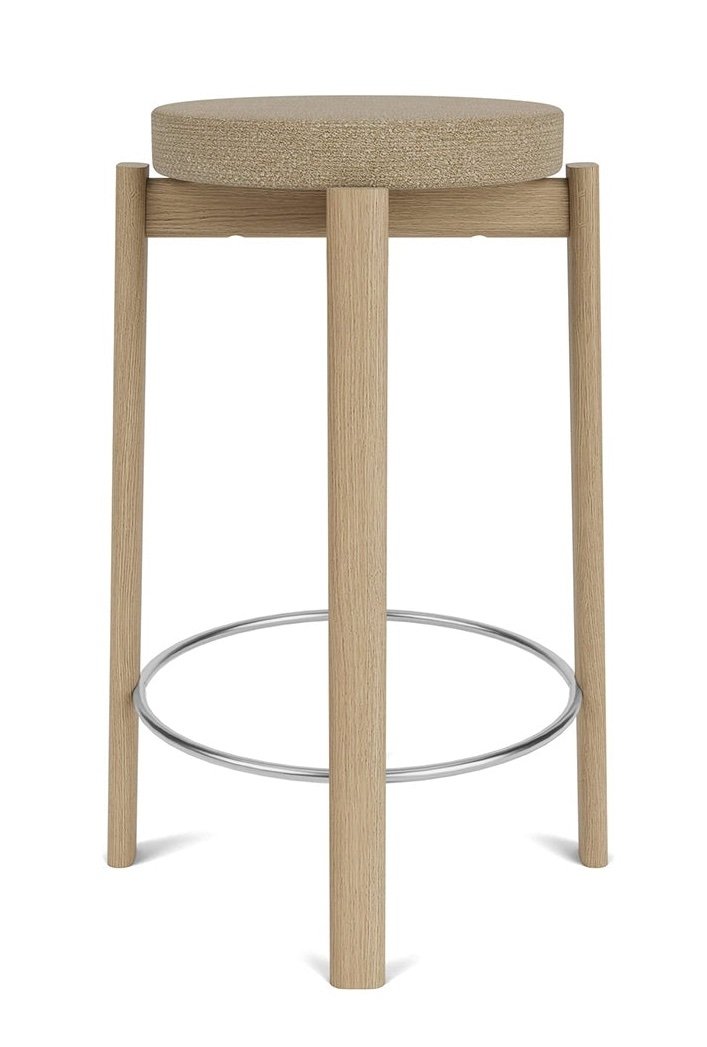 Audo PASSAGE Hoker Tapicerowany - Krzesło Barowe 66 cm Dąb Naturalny / Obręcz Srebrna - Tkanina Bouclé 02