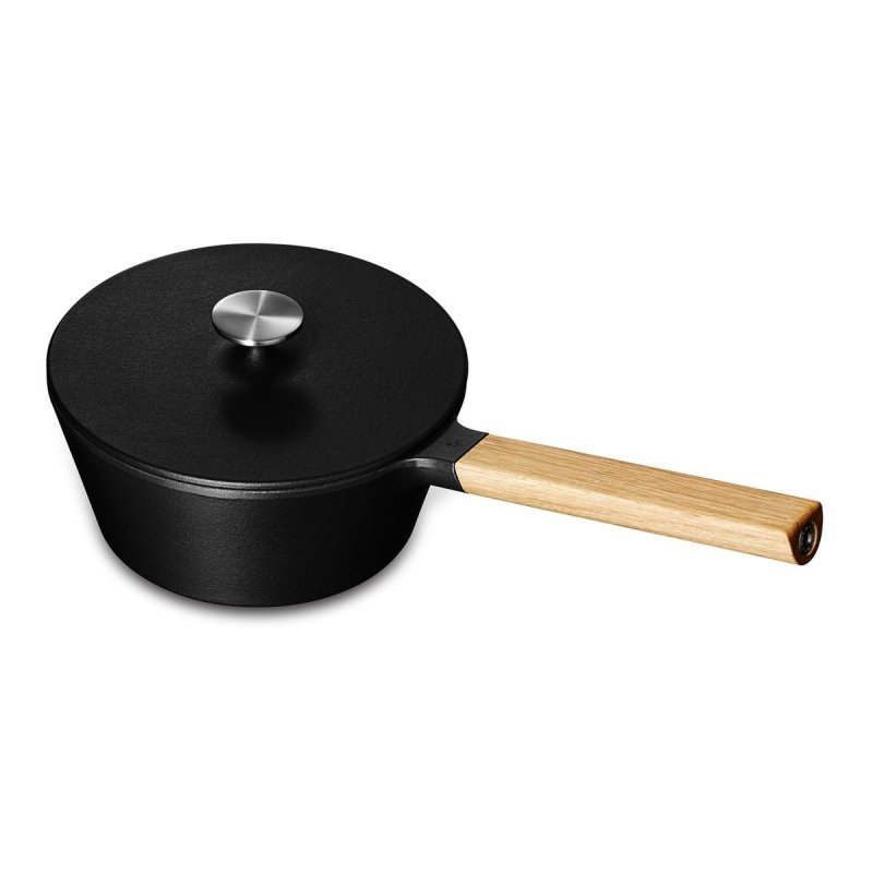 Morso SAUCEPAN Rondel Żeliwny 20 cm z Pokrywką Czarny / Uchwyt Dębowy