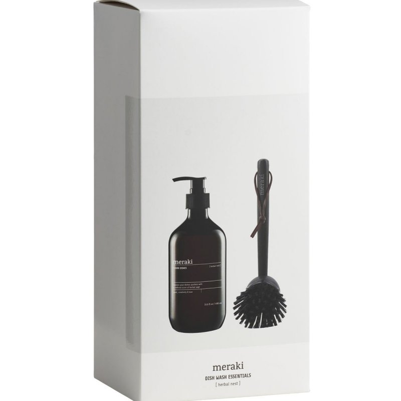 Meraki HOME Dozownik - Ekologiczny Płyn do Mycia Naczyń 490 ml Herbal Nest + Szczotka do Naczyń - Zestaw Prezentowy
