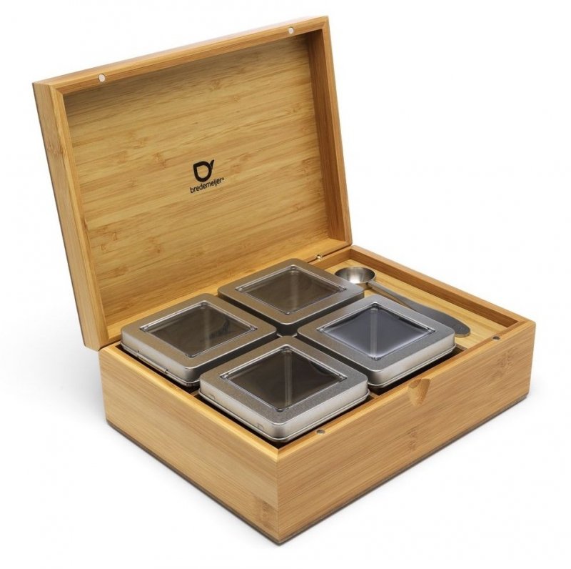 Bredemeijer TEA BOX Drewniany Pojemnik z 4 Puszkami na Herbatę + Miarka / Naturalny