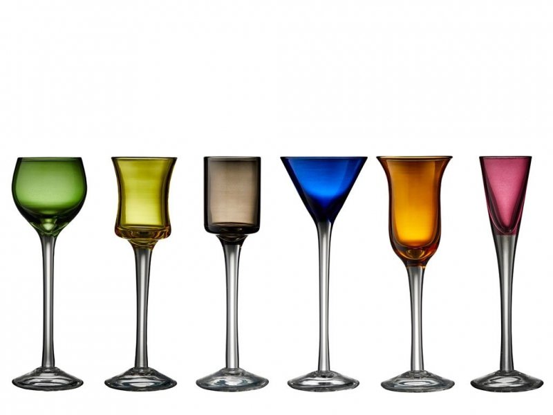 Lyngby Glass AQUAVIT Kieliszki do Wódki, Likierów, Nalewek 6 Szt. Kolorowe / Prosta Nóżka