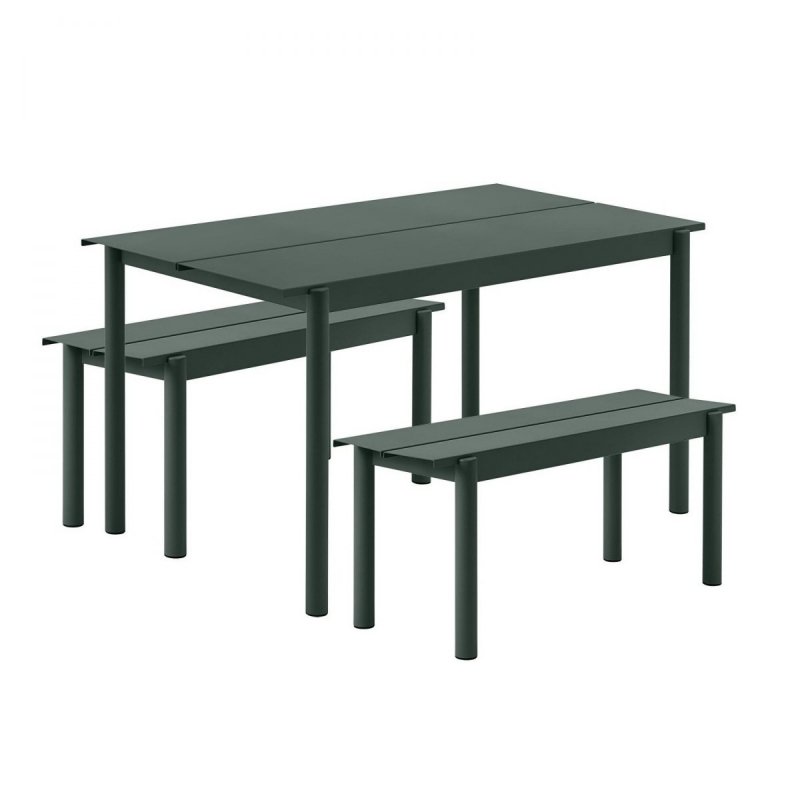 Muuto LINEAR Zestaw Mebli Ogrodowych - Stół 140 cm + 2 Ławki - Ciemnozielony