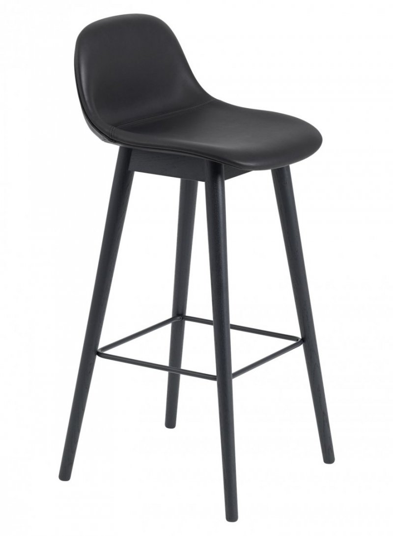 Muuto FIBER Hoker z Oparciem - Stołek Barowy 75 cm Czarny Tapicerowany / Siedzisko Czarna Skóra