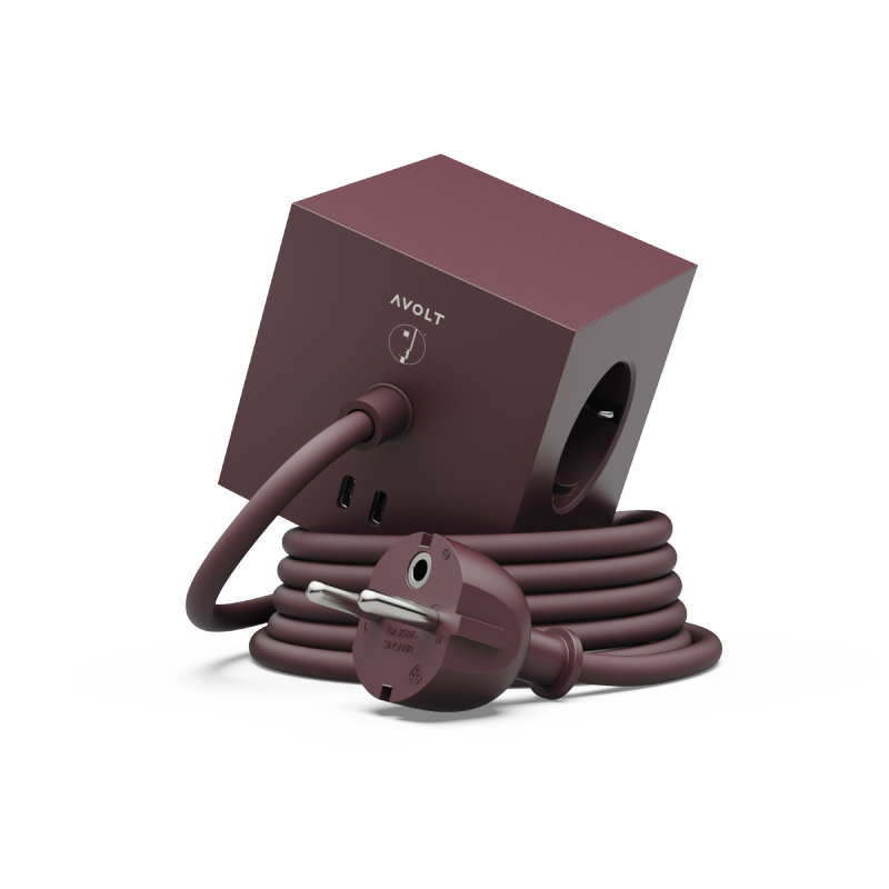 Avolt SQUARE 1 Listwa Zasilająca z Podwójnym USB-C i Magnetyczną Podstawą 1,8 m / Bordowy Mulberry Red