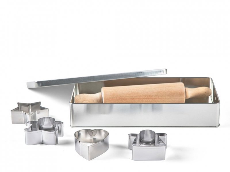 Funktion KITCHEN Zestaw do Pieczenia Ciasteczek - Wałek do Ciasta + 4 Foremki do Wykrawania w Metalowej Puszcze
