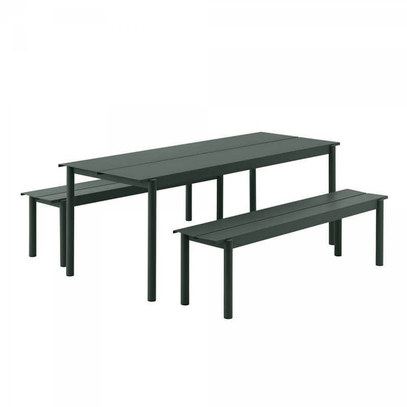 Muuto LINEAR Zestaw Mebli Ogrodowych - Stół 200 cm + 2 Ławki - Ciemnozielony
