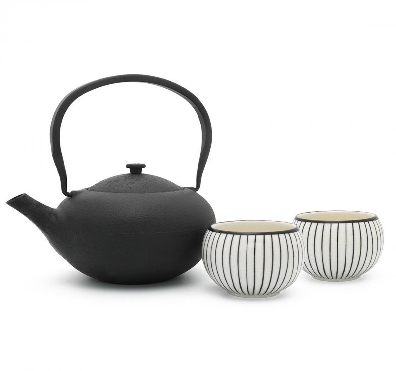 Bredemeijer SHANXI Dzbanek Żeliwny - Zaparzacz do Herbaty 1 l Czarny + 2 Porcelanowe Czarki