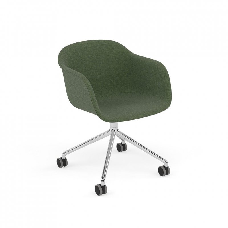 Muuto FIBER ARMCHAIR SWIVEL BASE Krzesło Obrotowe na Kółkach Rama Aluminium Polerowane / Siedzisko Tapicerowane Zielone Tkanina Canvas 974