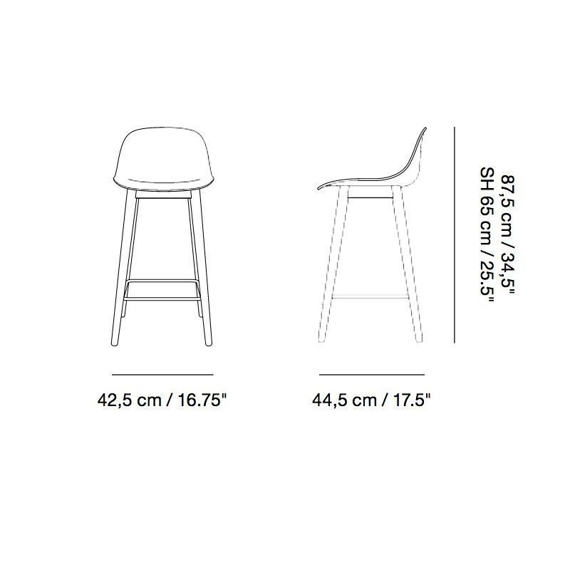 Muuto FIBER Hoker z Oparciem - Stołek Barowy 65 cm Czarny / Drewniana Rama Ciemnobrązowa